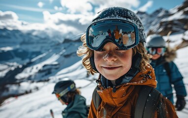 boy skier with friends with Ski goggles and Ski helmet on the snow mountain
