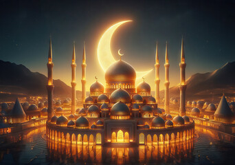 Mosque view in the night with half moon - obrazy, fototapety, plakaty