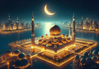 Crédence de cuisine en verre imprimé Half Dome Mosque view in the night with half moon