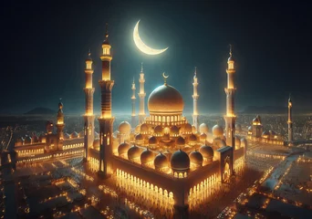 Foto op Plexiglas Half Dome Mosque view in the night with half moon