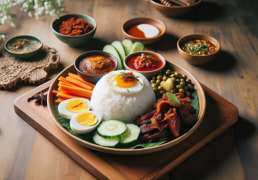 nasi lemak serve with sambal bilis, cucumber, steam egg, and rendang daging on wooden table for breakfast, decorative table