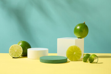The podiums are decorated with fresh lemons with a pastel background. Empty space for product...