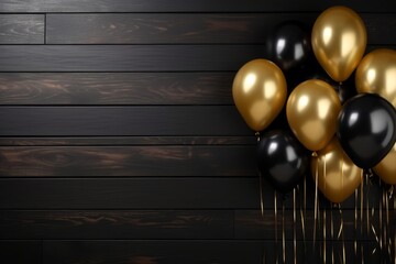 gold and black balloon on black wooden background with copy space for text