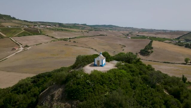 Aerial shot of ancient chapel of Nossa Senhora do Monte in Arruda dos Vinhos in Portugal
