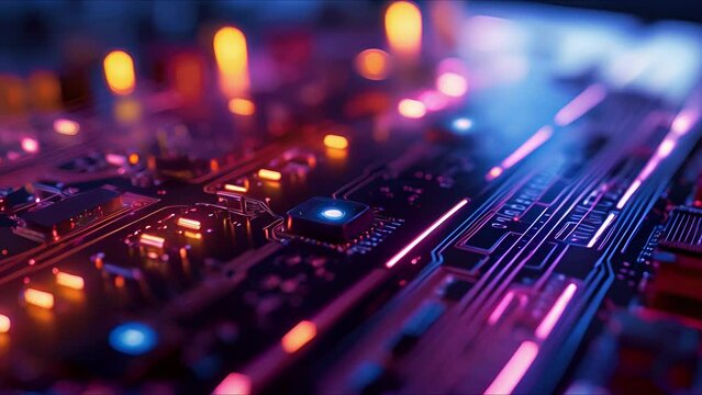 Closeup of a circuit board with colorful LED lights lighting up different pathways.