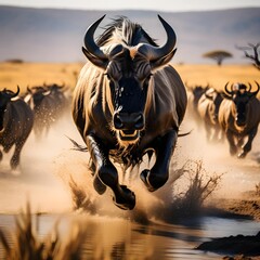 Angry wildebeest running in the African savannah. Generative AI.