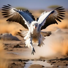 Fototapeta premium Angry secretary-bird running in the African savannah. Generative AI.