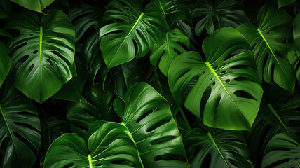 Fototapeta na wymiar Green tropical leaves background. Monstera houseplant. Eco friendly photo