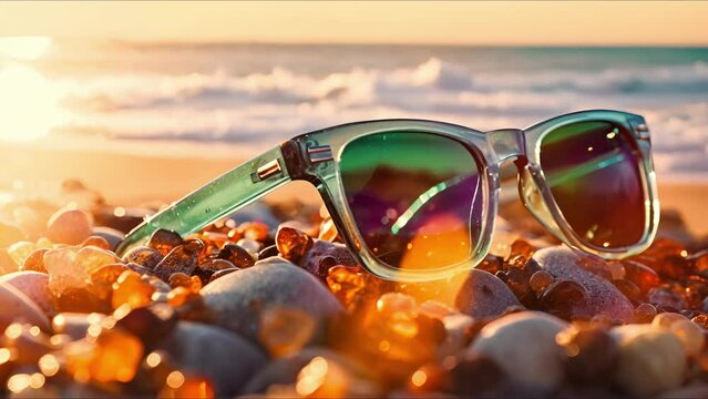Closeup of a pair of sunglasses made from recycled ocean plastic, promoting sustainability and helping to reduce waste in our oceans.