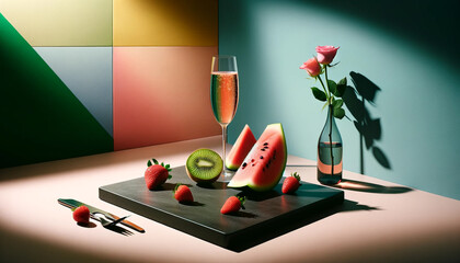 Valentine's Day art, Artistic Fruit Arrangement with Sparkling Wine and Roses - 702052011