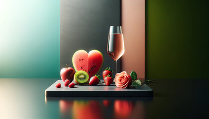 Valentine's Day art, Artistic Fruit Arrangement with Sparkling Wine and Roses - 702052022