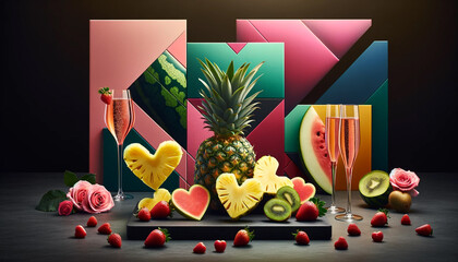 Valentine's Day art, Artistic Fruit Arrangement with Sparkling Wine and Roses - 702052052