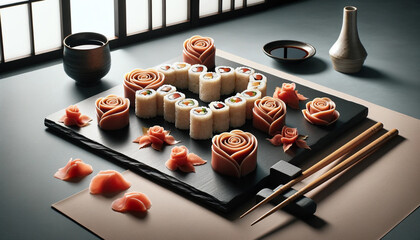 Valentine's Day art, Elegant Sushi Presentation with Rose-Shaped Garnishes - 702052207