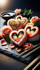 Valentine's Day art, Heart-Shaped Sushi Arrangement with Romantic Details - 702052208