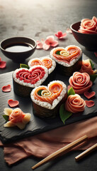 Valentine's Day art, Heart-Shaped Sushi Arrangement with Romantic Details - 702052223