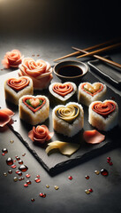 Valentine's Day art, Heart-Shaped Sushi Arrangement with Romantic Details - 702052229