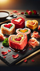 Valentine's Day art, Heart-Shaped Sushi Arrangement with Romantic Details - 702052237