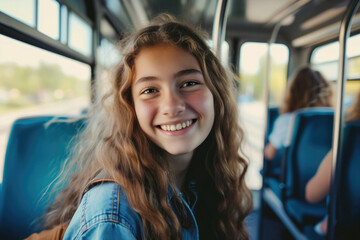 Charming pretty smiling teenage girl posing inside a school bus looking at the camera