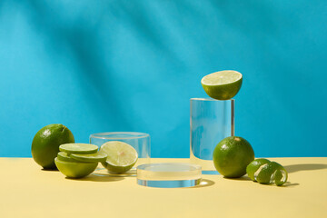 Cylindrical glass platforms are placed next to fresh lemons on a blue background. Space viewed from the front for product display. Copy space for ads.
