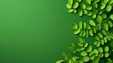 Fresh moringa leaves on green background. Top view with copy space, Generate AI.