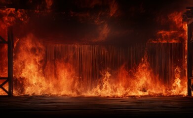 Wooden floor with fire backdrop for product display