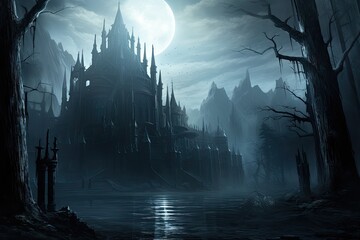 Fantasy landscape with haunted house and full moon. 3D illustration, AI Generated