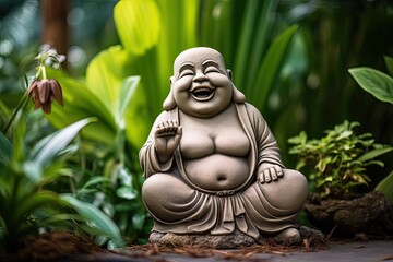 Statue of a fat Buddha in the garden. The concept of healthy lifestyle, AI Generated