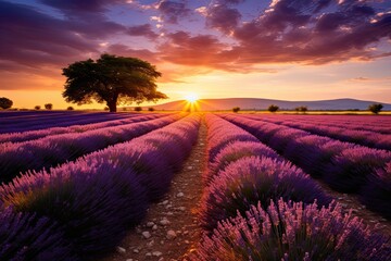 Sunset over lavender field in Provence, France, AI Generated