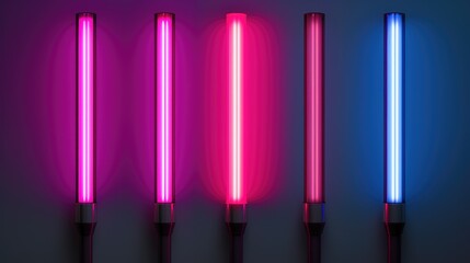 Neon Lightsabers set. Halogen or led lamps for night party or game on dark background. Colorful Light glowing tubes.