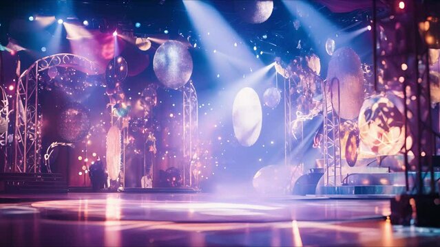 Closeup of intricate, colorful stage design, setting the scene for an immersive theatrical adventure.