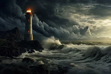 Foto auf Alu-Dibond Lighthouse on stormy sea at sunset. 3D rendering, AI Generated © Iftikhar alam