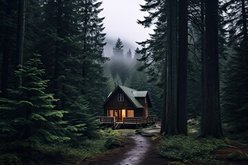 Wooden hut in the forest at foggy day, California, USA, AI Generated