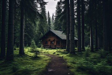 Wooden house in the forest with moss and ferns, AI Generated