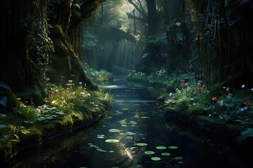 Fantasy scene with a small pond in the forest, Thailand, AI Generated