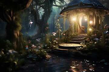 Fantasy landscape with a hut in the forest. 3d rendering, AI Generated
