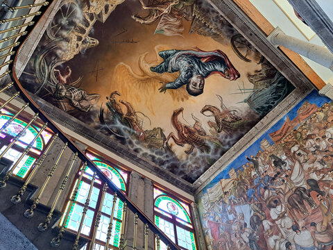 Mexico City, Mexico - August 9, 2023: Mural The North American Intervention in Honor of the Children Heroes on the ceiling of the entrance to the National Museum of History in Chapultepec Castle