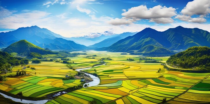 Aerial view of rice fields and green land with mountains in the background