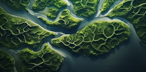 Aerial view of curved blue river flowing through dense green forest