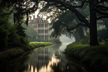 Fototapeta na wymiar Luxury mansion in the middle of a misty river, AI Generated