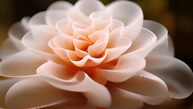 Closeup of a 4D printed flower blooming, with the layers of the material expanding and contracting to mimic a natural growth process.