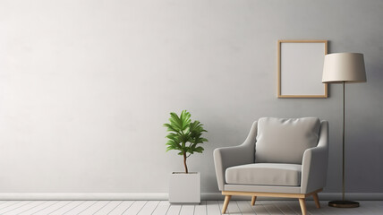 Living room interior with comfortable furniture, coffee tables and floor lamp. Empty wall mock up 