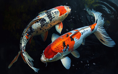 Koi fish swimming in a pond in black background., fish in aquarium