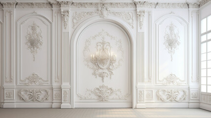 Luxury white wall design bas-relief with stucco mouldings roccoco element - obrazy, fototapety, plakaty