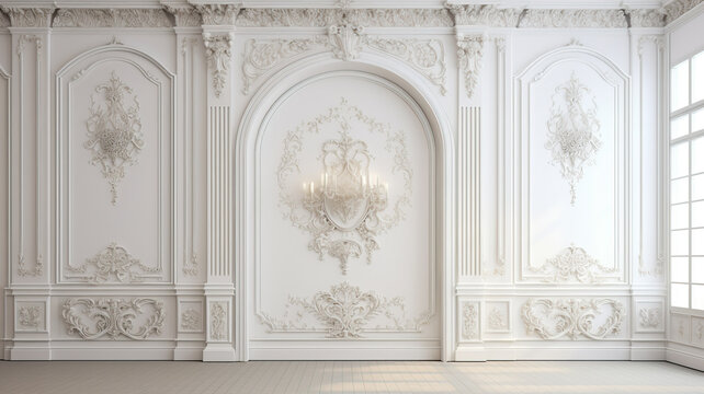 Naklejki Luxury white wall design bas-relief with stucco mouldings roccoco element