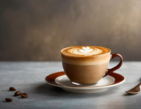 Cup of cappuccino on the table, gray and brown background, copy space ; HD, 4K, realistic