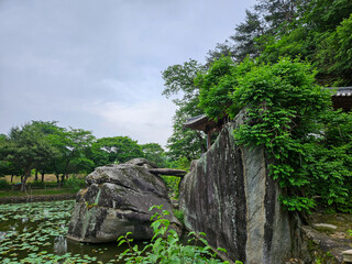 한국 전통 건축물과 연못