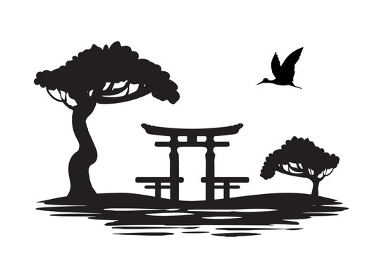 japanese landscape silhouette of torii gate vector