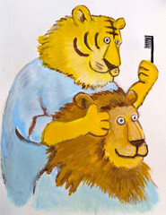 トラの床屋さんが、ライオンの髪をヘアカットする水彩、手描き、イラスト