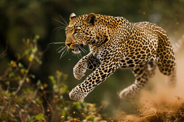 A leopard in mid-leap, showcasing its agility and strength