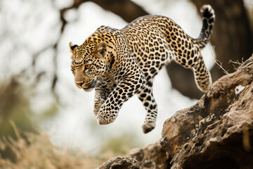 A leopard in mid-leap, showcasing its agility and strength